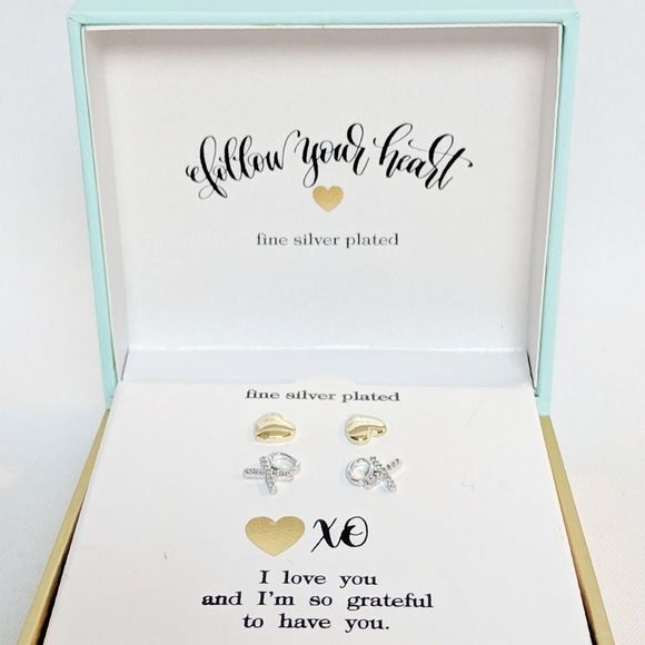 Fine Silver Plate & CZ XO & Heart Stud Earrings - Picture 5 of 6